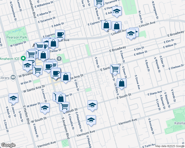 map of restaurants, bars, coffee shops, grocery stores, and more near 503 South Casita Street in Anaheim