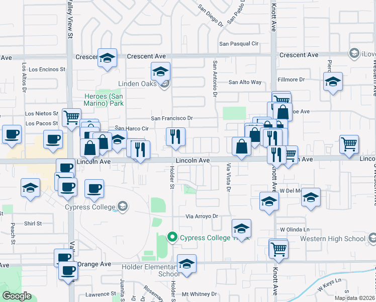 map of restaurants, bars, coffee shops, grocery stores, and more near 10 Cannery in Buena Park