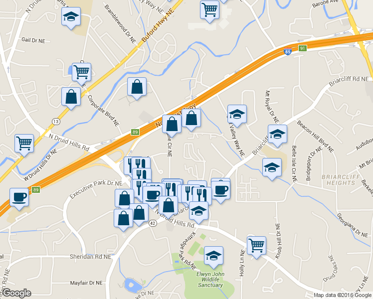 map of restaurants, bars, coffee shops, grocery stores, and more near 1735 Tullie Circle Northeast in Atlanta