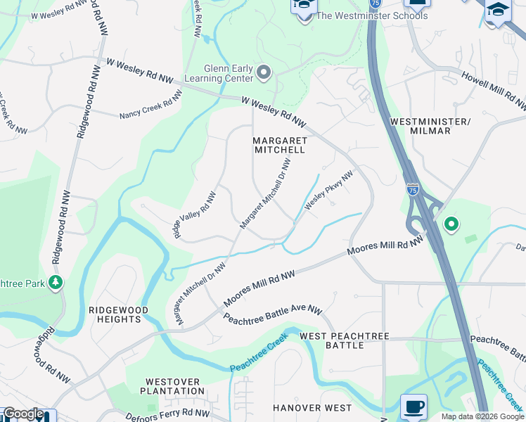 map of restaurants, bars, coffee shops, grocery stores, and more near 2795 Margaret Mitchell Drive Northwest in Atlanta