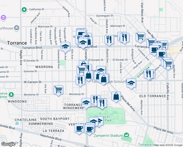 map of restaurants, bars, coffee shops, grocery stores, and more near 1613 Beech Avenue in Torrance