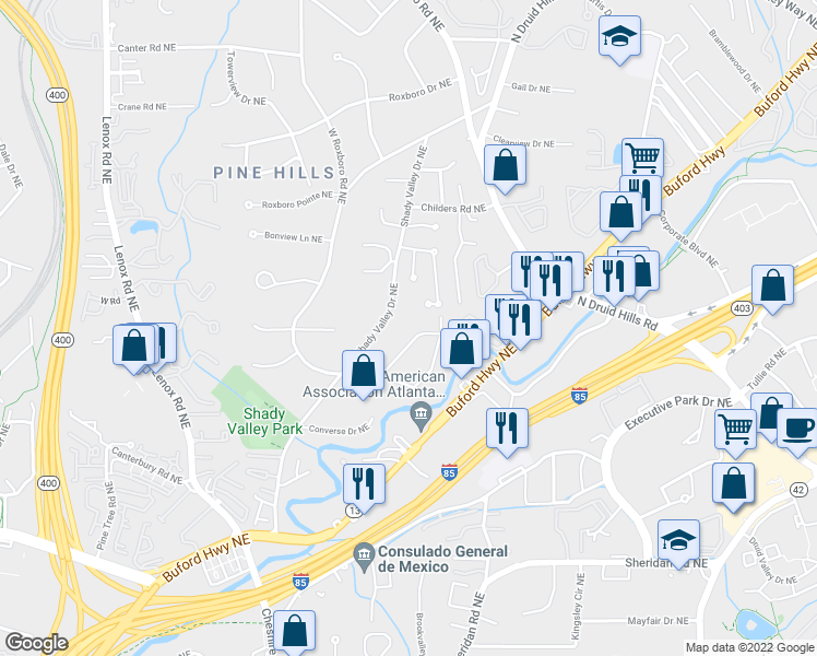 map of restaurants, bars, coffee shops, grocery stores, and more near 1724 Dunwoody Trail Northeast in Atlanta