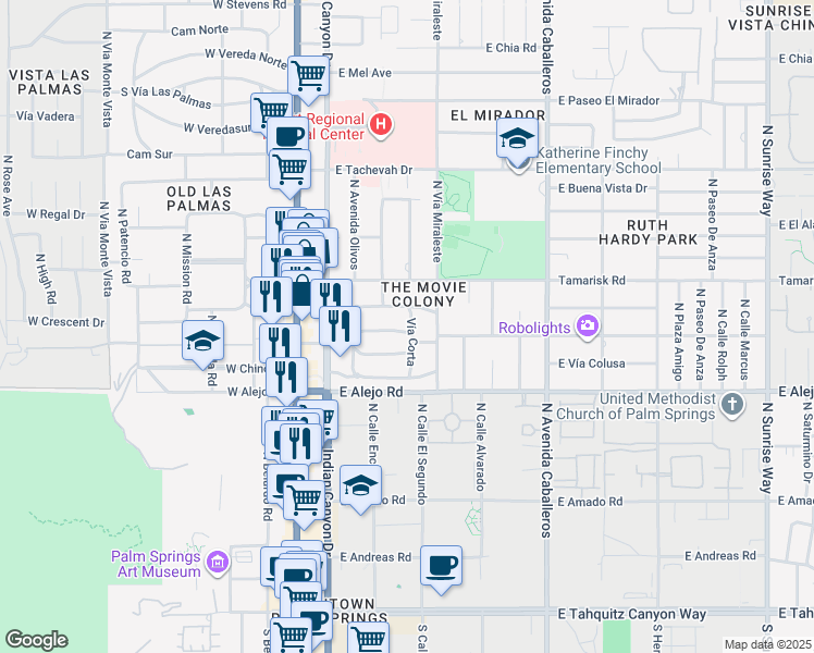 map of restaurants, bars, coffee shops, grocery stores, and more near 480 Vía Corta in Palm Springs