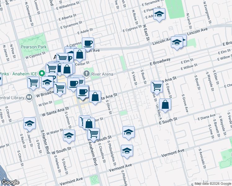 map of restaurants, bars, coffee shops, grocery stores, and more near 428 South Melrose Street in Anaheim