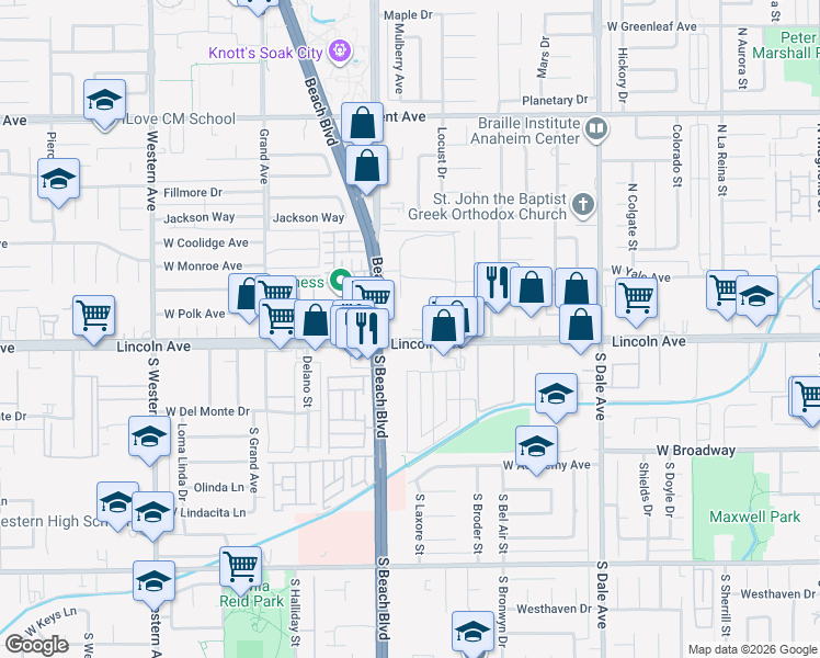 map of restaurants, bars, coffee shops, grocery stores, and more near 2961 West Lincoln Avenue in Anaheim