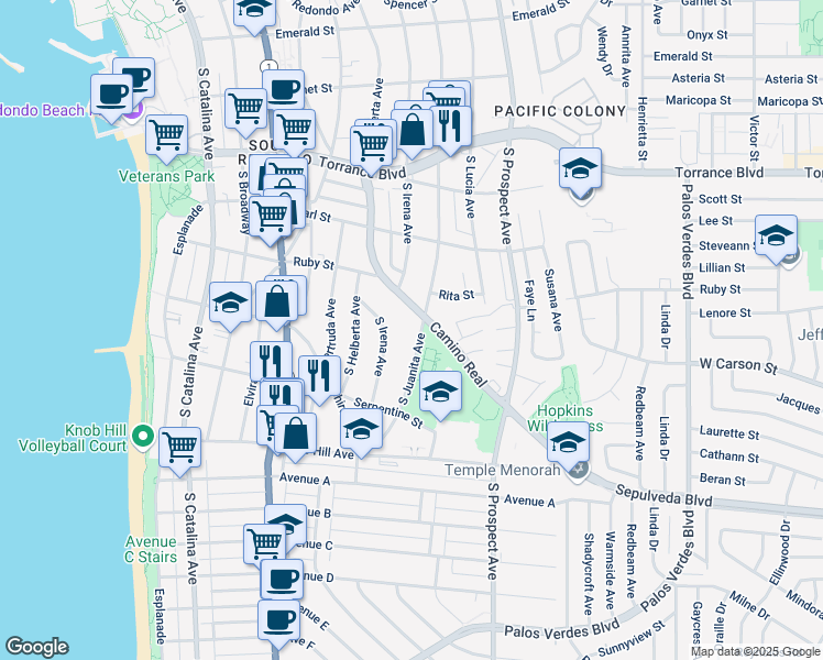 map of restaurants, bars, coffee shops, grocery stores, and more near 703 South Juanita Avenue in Redondo Beach