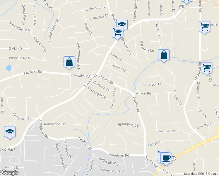 map of restaurants, bars, coffee shops, grocery stores, and more near 2906 Bonanza Drive in Decatur