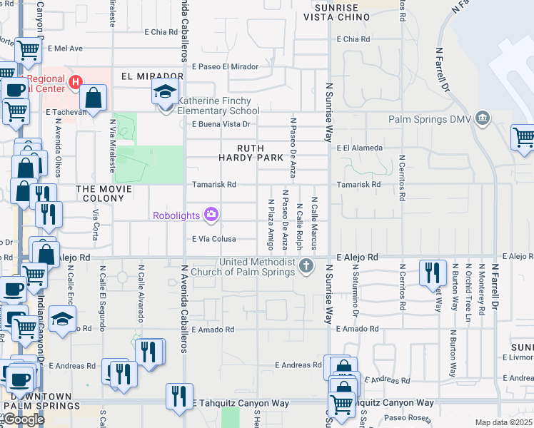 map of restaurants, bars, coffee shops, grocery stores, and more near 633 North Plaza Amigo in Palm Springs