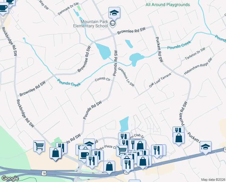 map of restaurants, bars, coffee shops, grocery stores, and more near 1682 Pounds Road Southwest in Stone Mountain