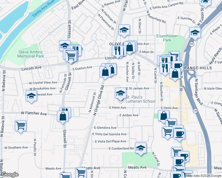 map of restaurants, bars, coffee shops, grocery stores, and more near 2620 North Dunbar Street in Orange