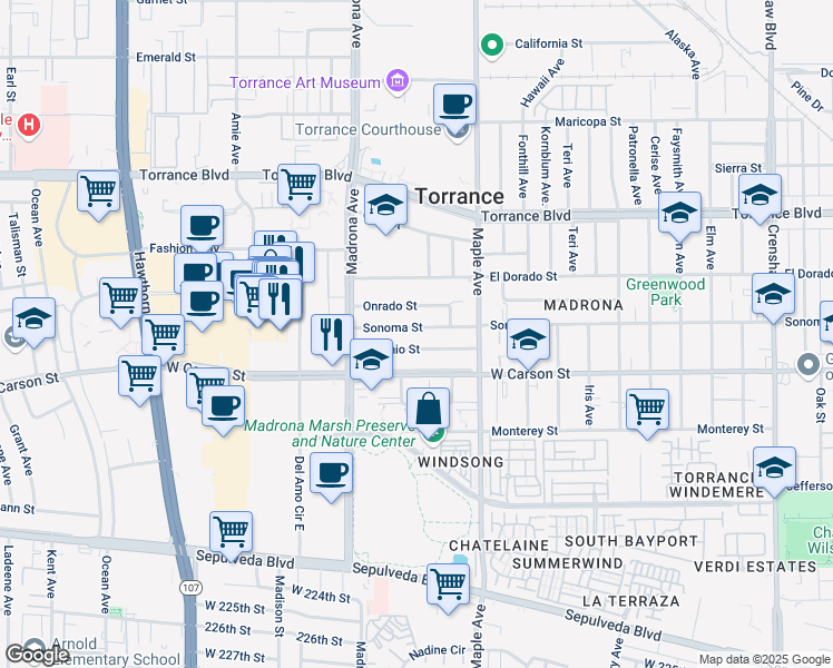 map of restaurants, bars, coffee shops, grocery stores, and more near 3202 Sonoma Street in Torrance
