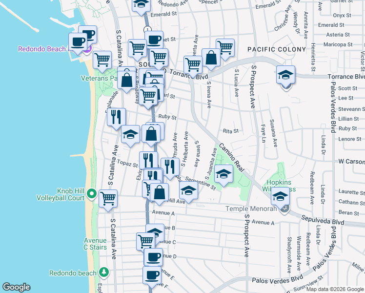 map of restaurants, bars, coffee shops, grocery stores, and more near 534 South Gertruda Avenue in Redondo Beach