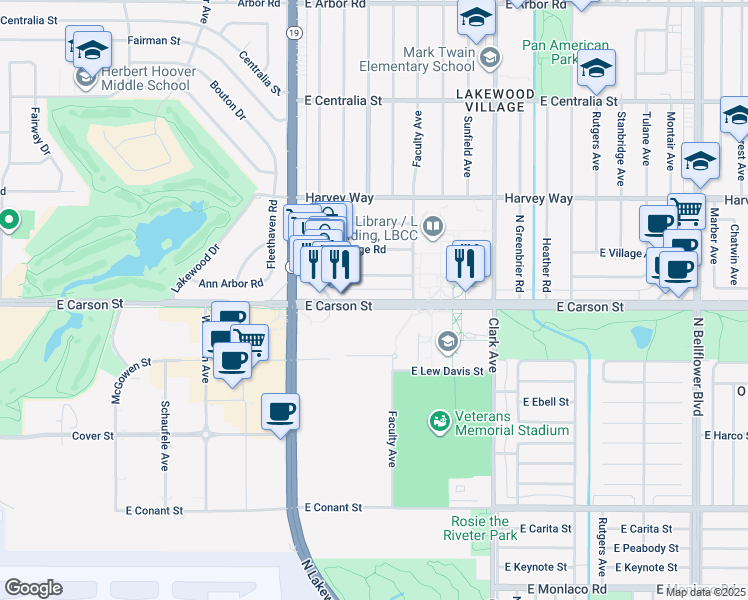 map of restaurants, bars, coffee shops, grocery stores, and more near 4541 East Carson Street in Long Beach