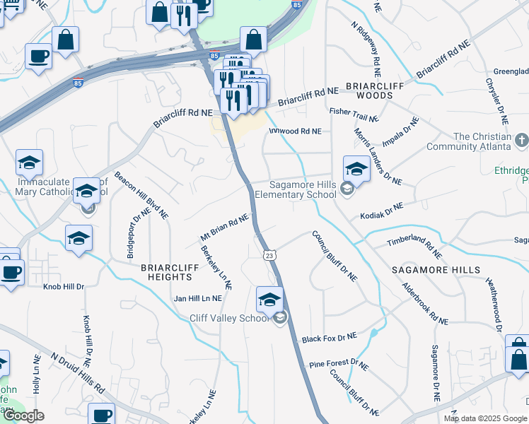 map of restaurants, bars, coffee shops, grocery stores, and more near 2603 Clairmont Road in Atlanta