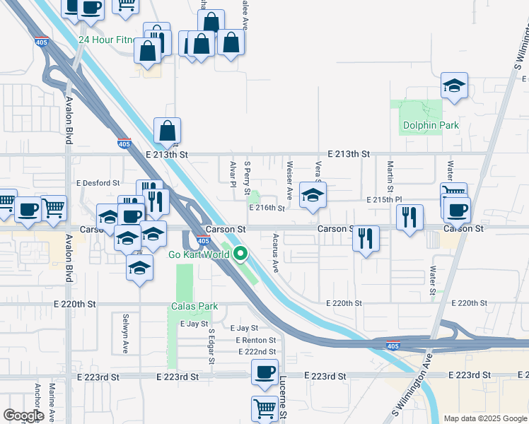 map of restaurants, bars, coffee shops, grocery stores, and more near 1223 East Carson Street in Carson
