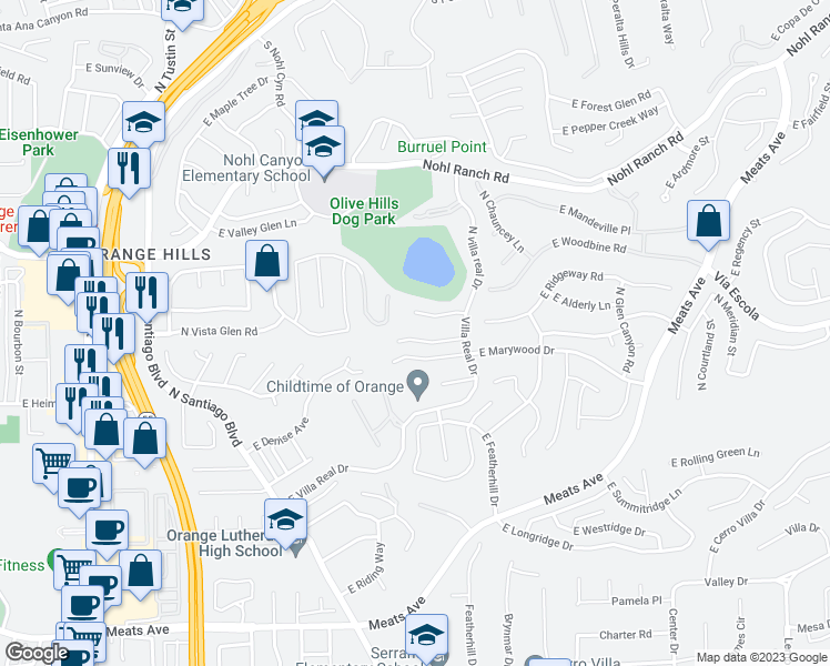 map of restaurants, bars, coffee shops, grocery stores, and more near 2839 East Echo Hill Way in Orange
