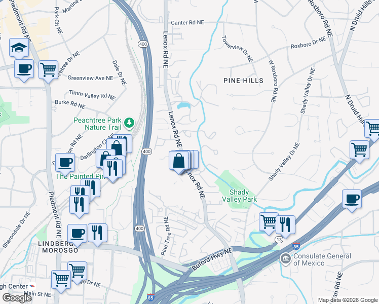 map of restaurants, bars, coffee shops, grocery stores, and more near 8 Vale Close Northeast in Atlanta