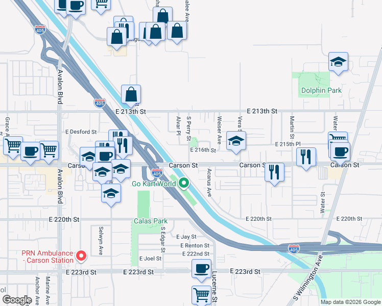 map of restaurants, bars, coffee shops, grocery stores, and more near 2 Carson Street in Carson