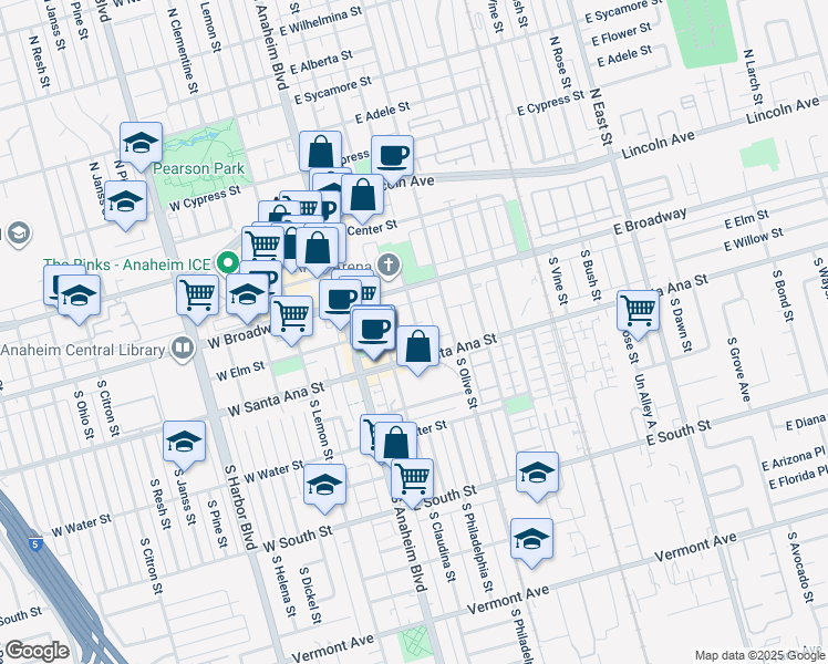 map of restaurants, bars, coffee shops, grocery stores, and more near 407 South Philadelphia Street in Anaheim