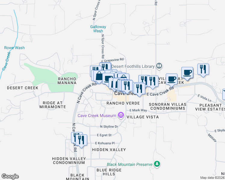map of restaurants, bars, coffee shops, grocery stores, and more near 6049 East Cave Creek Road in Cave Creek