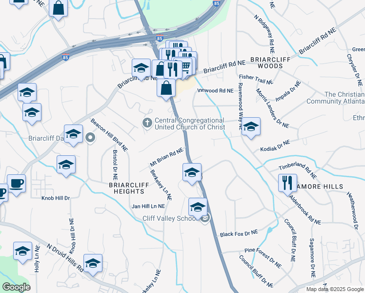 map of restaurants, bars, coffee shops, grocery stores, and more near 2612 Clairmont Road in Atlanta