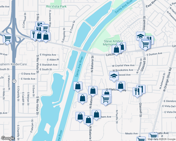 map of restaurants, bars, coffee shops, grocery stores, and more near 942 West White Water Way in Orange