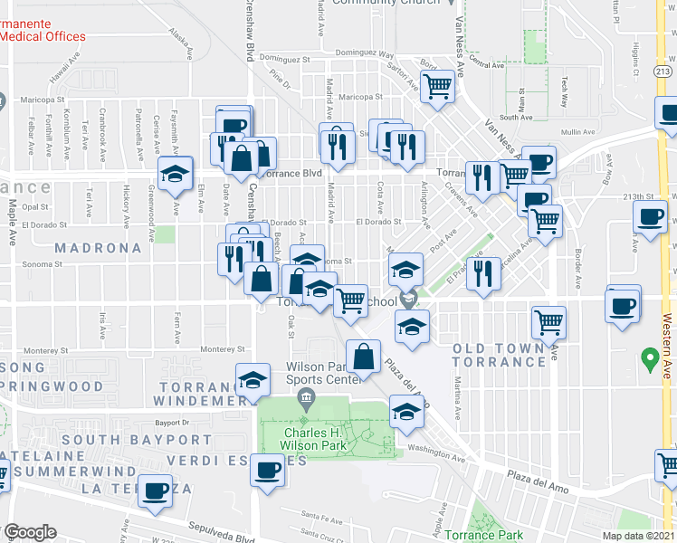 map of restaurants, bars, coffee shops, grocery stores, and more near 1614 Madrid Avenue in Torrance
