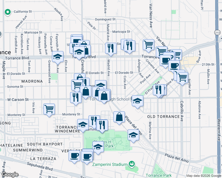 map of restaurants, bars, coffee shops, grocery stores, and more near 1614 Madrid Avenue in Torrance