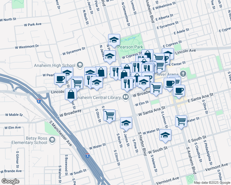 map of restaurants, bars, coffee shops, grocery stores, and more near 540 West Chestnut Street in Anaheim