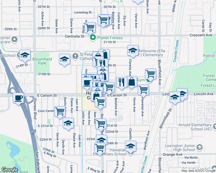 map of restaurants, bars, coffee shops, grocery stores, and more near 12229 East Tilbury Street in Hawaiian Gardens