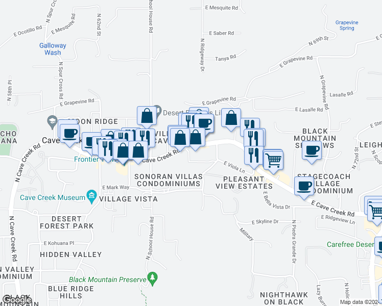 map of restaurants, bars, coffee shops, grocery stores, and more near 6525 East Cave Creek Road in Cave Creek