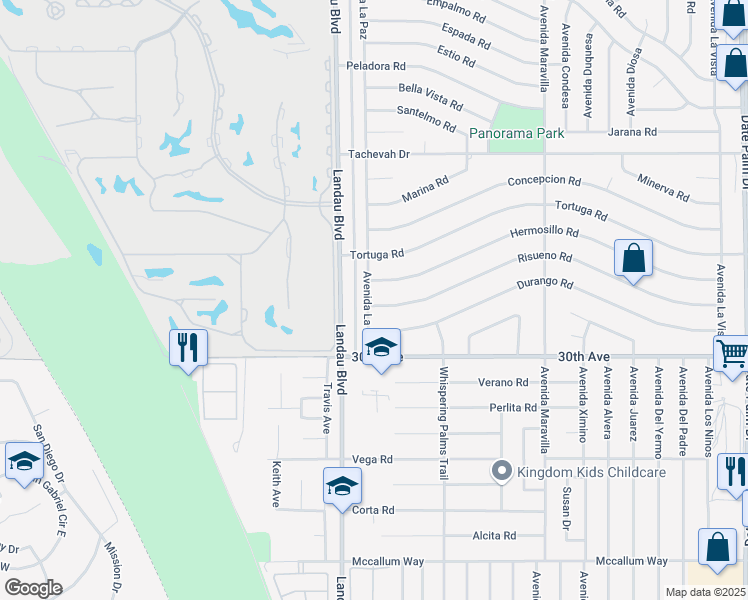 map of restaurants, bars, coffee shops, grocery stores, and more near 68110 Risueno Road in Cathedral City