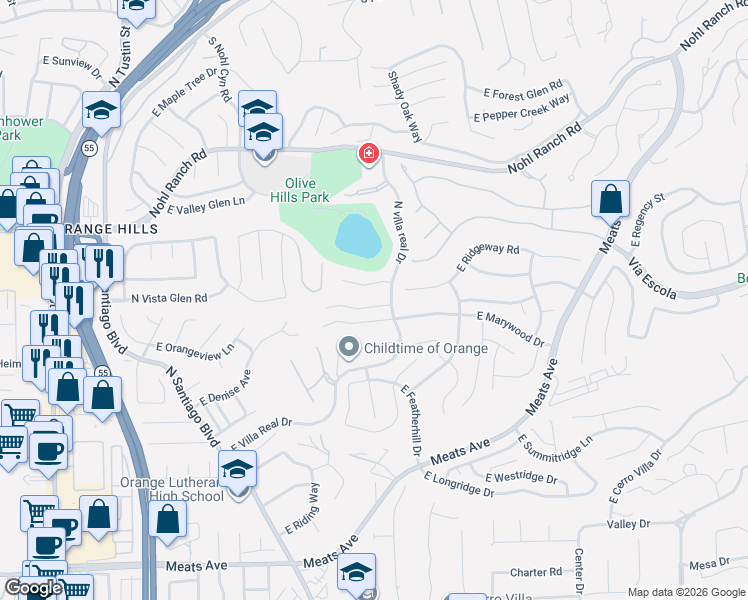 map of restaurants, bars, coffee shops, grocery stores, and more near 3033 East Echo Hill Way in Orange