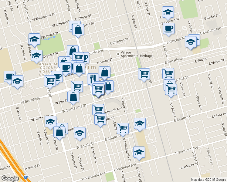 map of restaurants, bars, coffee shops, grocery stores, and more near 407 South Philadelphia Street in Anaheim