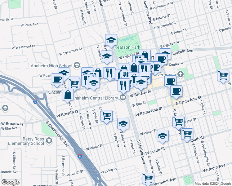 map of restaurants, bars, coffee shops, grocery stores, and more near 540 West Chestnut Street in Anaheim