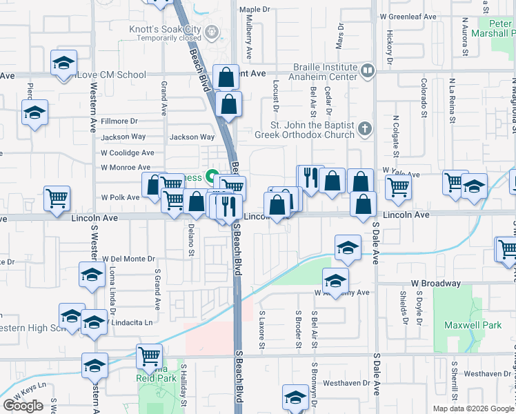 map of restaurants, bars, coffee shops, grocery stores, and more near 2955-2999 W Lincoln Ave in Anaheim