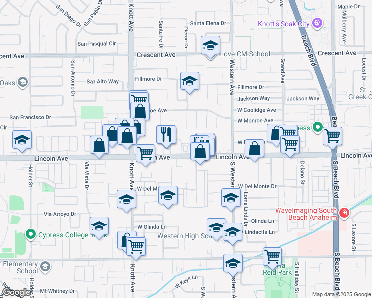 map of restaurants, bars, coffee shops, grocery stores, and more near 3325 West Lincoln Avenue in Anaheim