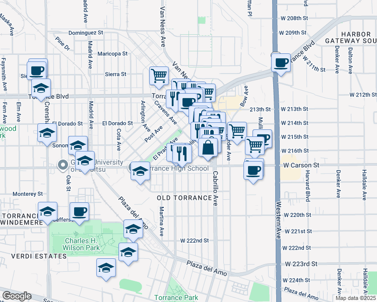 map of restaurants, bars, coffee shops, grocery stores, and more near 1520 Marcelina Avenue in Torrance