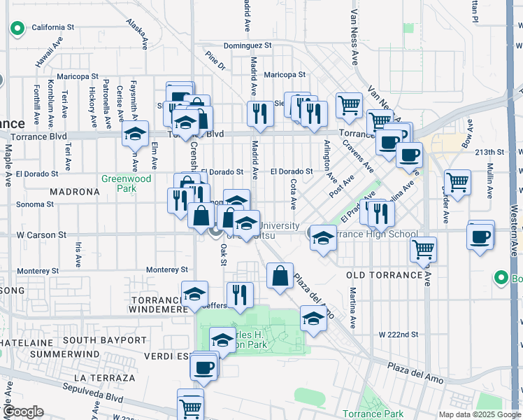map of restaurants, bars, coffee shops, grocery stores, and more near 1614 Madrid Avenue in Torrance