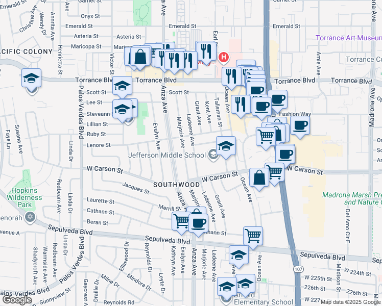 map of restaurants, bars, coffee shops, grocery stores, and more near 21606 Marjorie Avenue in Torrance