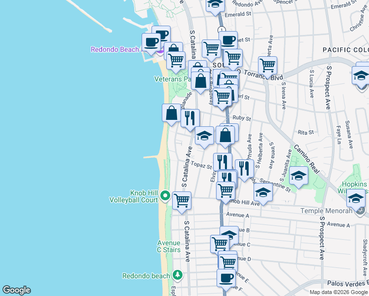 map of restaurants, bars, coffee shops, grocery stores, and more near 616 Esplanade in Redondo Beach