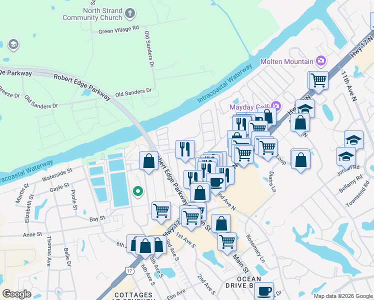 map of restaurants, bars, coffee shops, grocery stores, and more near 101 Riptide Circle in North Myrtle Beach