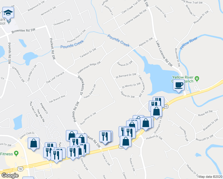 map of restaurants, bars, coffee shops, grocery stores, and more near 4751 Valley Dale Drive Southwest in Lilburn