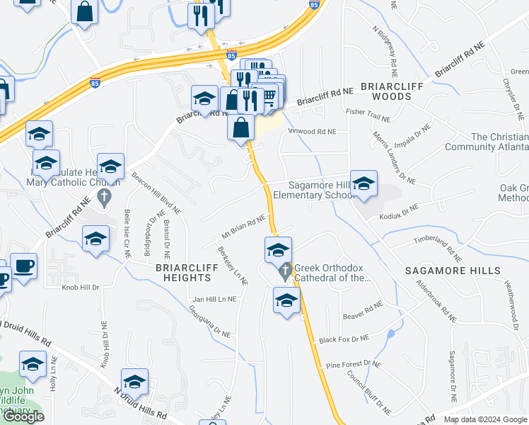 map of restaurants, bars, coffee shops, grocery stores, and more near 2612 Clairmont Road in Atlanta