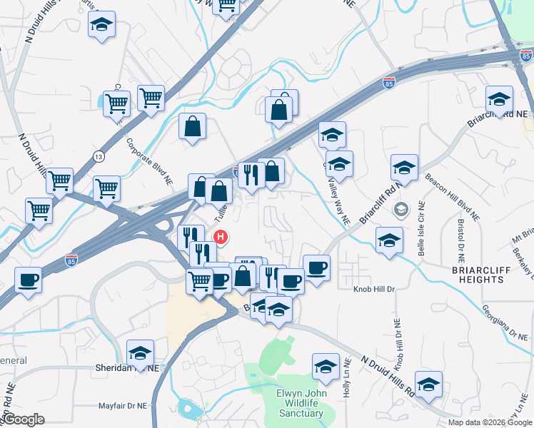 map of restaurants, bars, coffee shops, grocery stores, and more near 1735 Tullie Circle Northeast in Atlanta