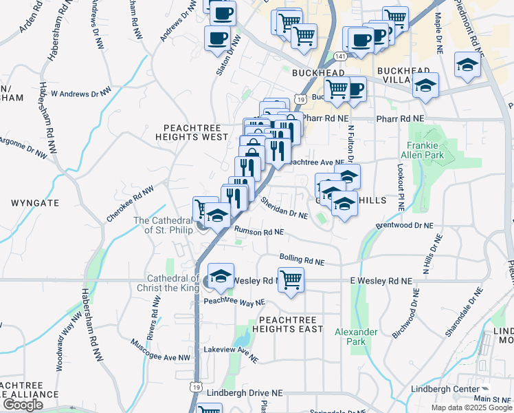 map of restaurants, bars, coffee shops, grocery stores, and more near 2855 Peachtree Road in Atlanta