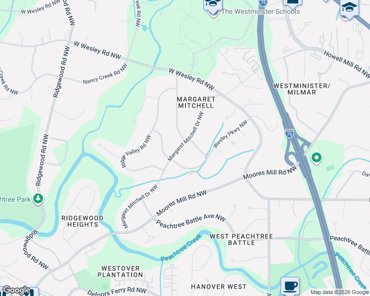 map of restaurants, bars, coffee shops, grocery stores, and more near 2795 Margaret Mitchell Drive Northwest in Atlanta