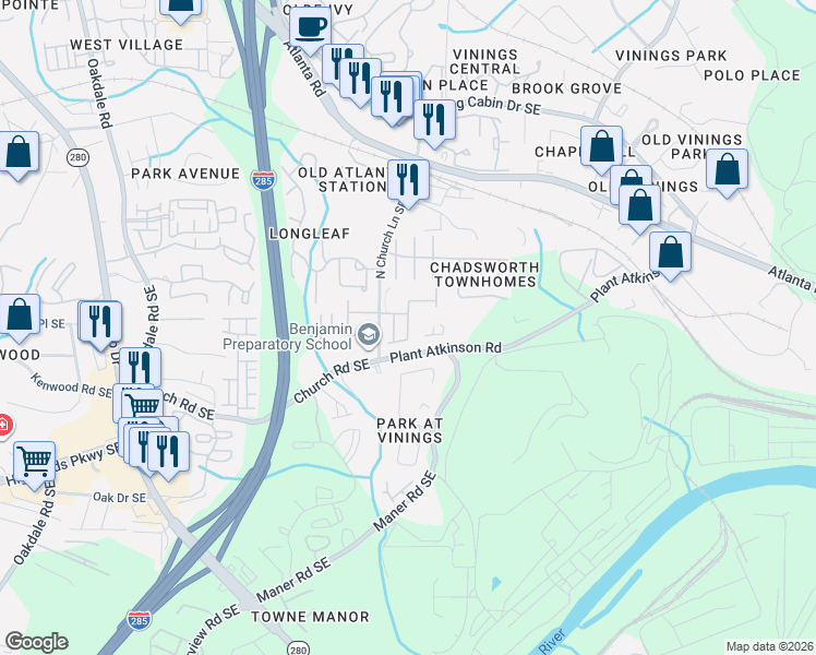 map of restaurants, bars, coffee shops, grocery stores, and more near 5087 Leeshire Trail Southeast in Atlanta