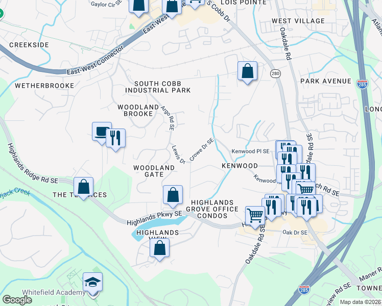 map of restaurants, bars, coffee shops, grocery stores, and more near 4968 Crowe Drive Southeast in Smyrna