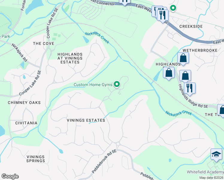 map of restaurants, bars, coffee shops, grocery stores, and more near 614 Vinings Estates Drive Southeast in Mableton